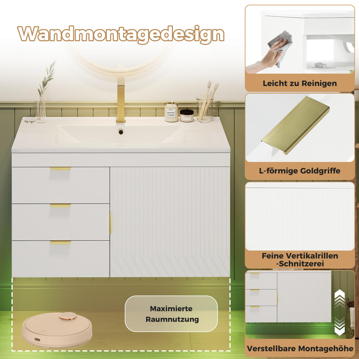 WASCHTISCHUNTERSCHRANK 76cm LED App Keramik Waschbecken Weiß - Weiß, Holzwerkstoff (76/51/46cm) - FLIEKS