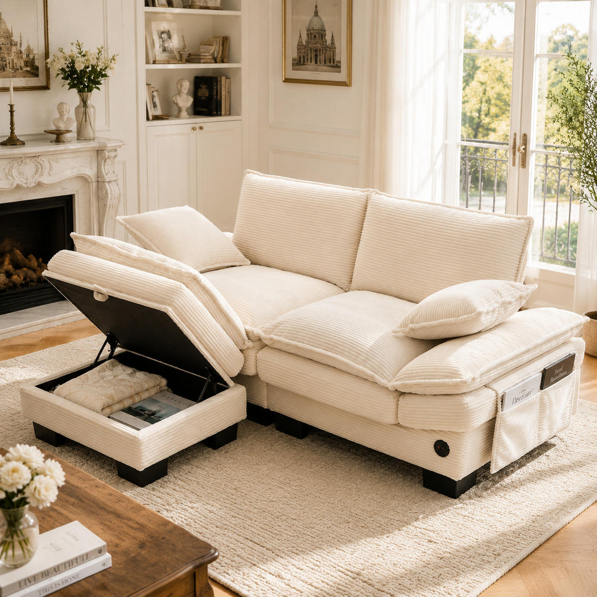2-SITZER-SOFA DE-33749 mit Hocker und USB-C Beige - Beige, Metall (190/84/132cm) - ComfortXL