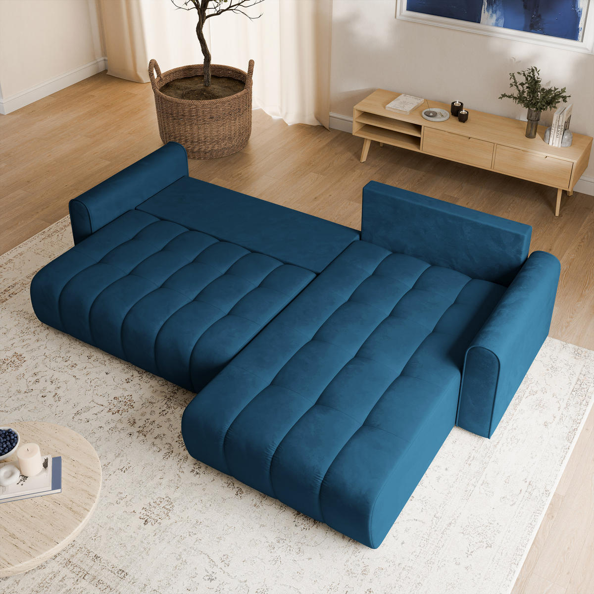 ECKSOFA FRIGA Blau Velours-Stoff mit Schlaffunktion - Blau, Holz (283/185cm) - MASSENO