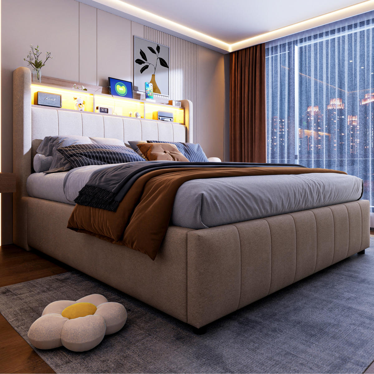 ČALÚNENÁ posteľ z ľanovej látky 140x200 cm béžová s LED osvetlením, USB-C a hydraulickým úložným priestorom - béžová, textil (140/200cm) - Modfu
