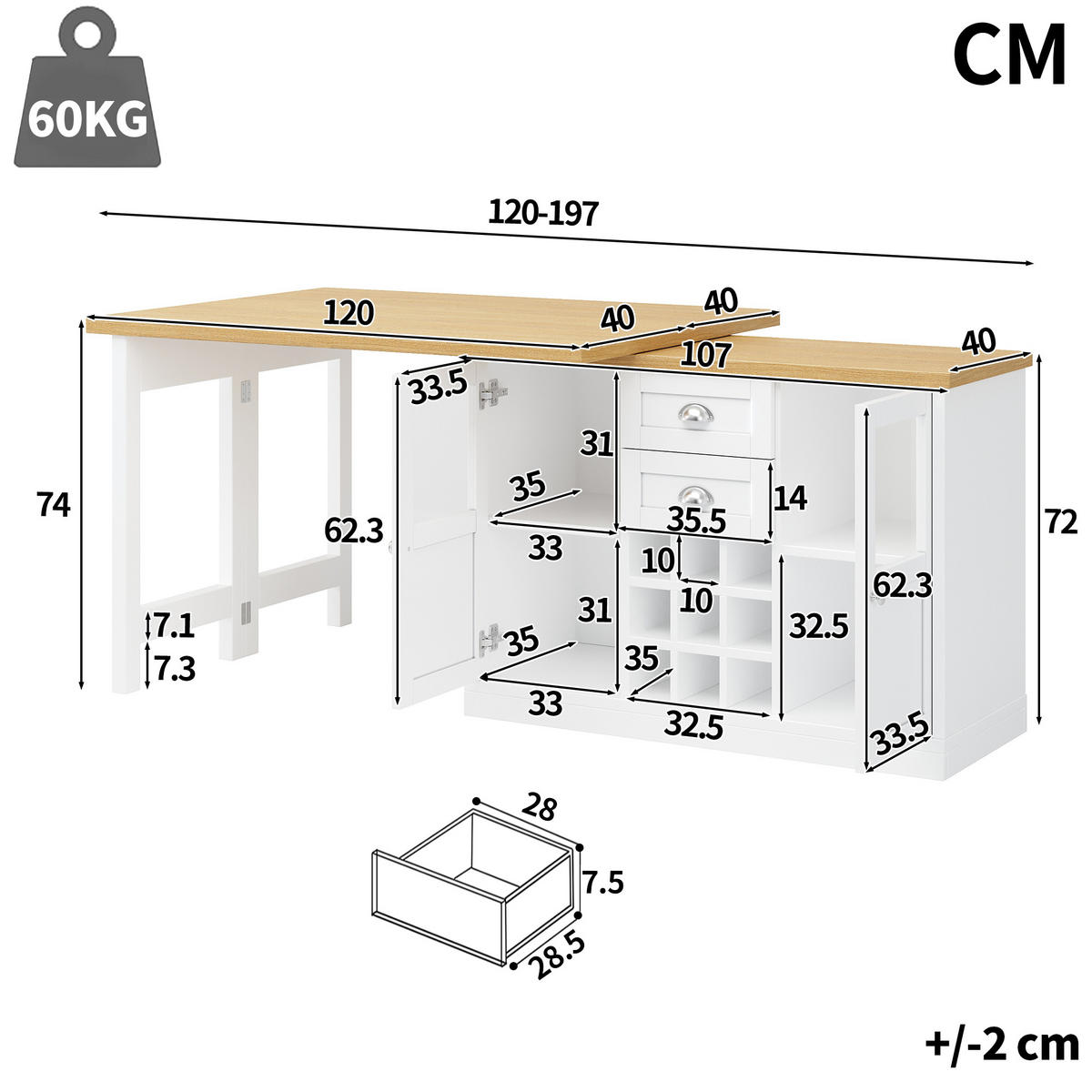ESSTISCH Ausziehbar 120–197cm 360° LED Stauraum Weinregal - Weiß, Holzwerkstoff (40/120/72cm) - FLIEKS