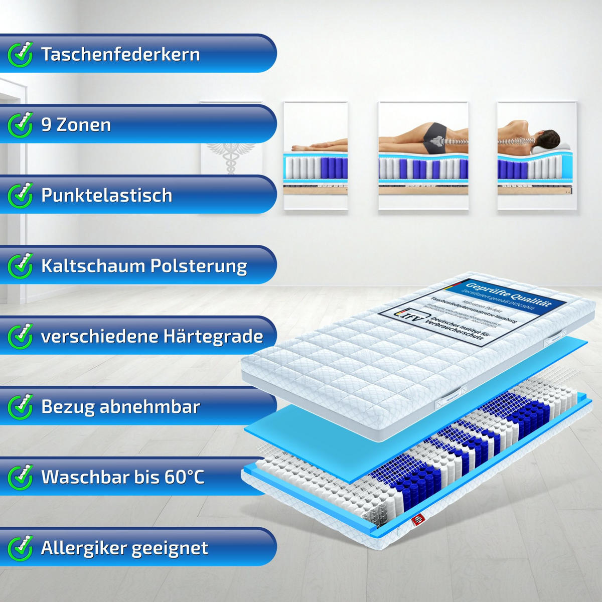 TASCHENFEDERKERNMATRATZE Hamburg Deluxe 100x200 cm Höhe 23 cm H2 - Weiß, Textil (100/200cm) - Matratzen Perfekt
