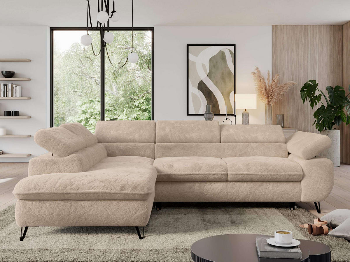 ECKSOFA PEDRO L Beige Plüsch - Links Seite - Beige/Schwarz, Textil/Metall (208/273cm) - MKS