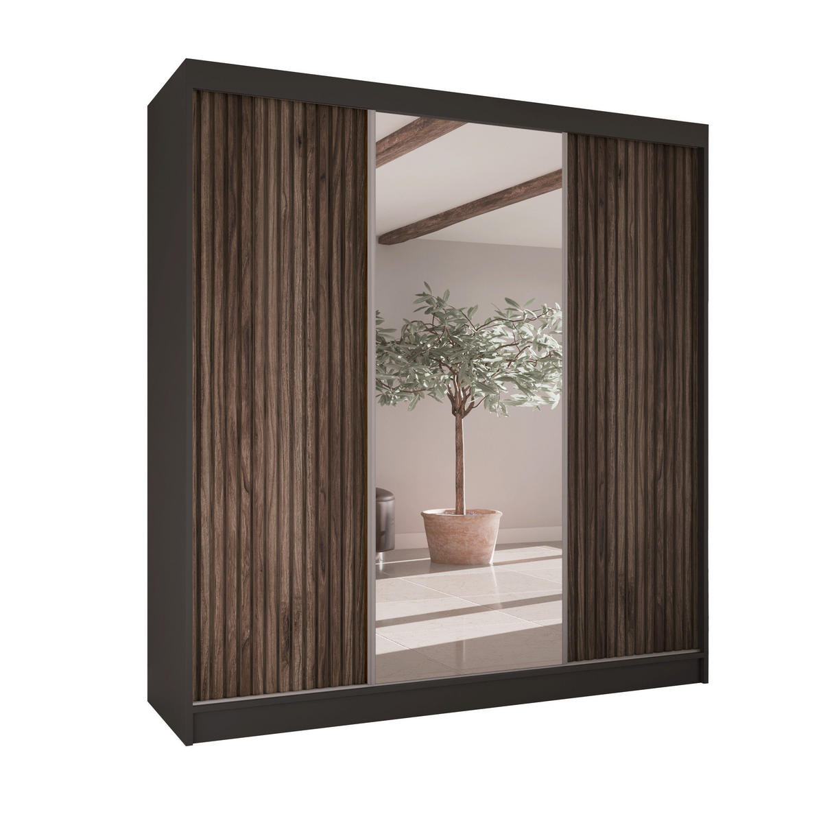 SCHWEBETÜRENSCHRANK Ramos II 200/61/215 schwarz+holzfarben - Eichefarben/Schwarz, Holzwerkstoff (200/215/61cm) - Beautysofa