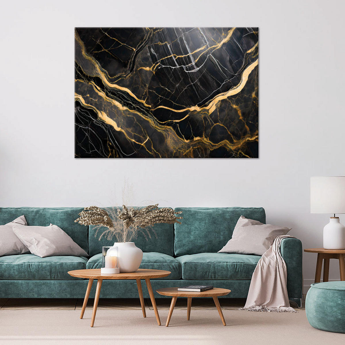 LEINWANDBILD Schwarz-weißer Marmor mit Gold 90x60cm - Schwarz, Textil (90/60cm) - Feeby