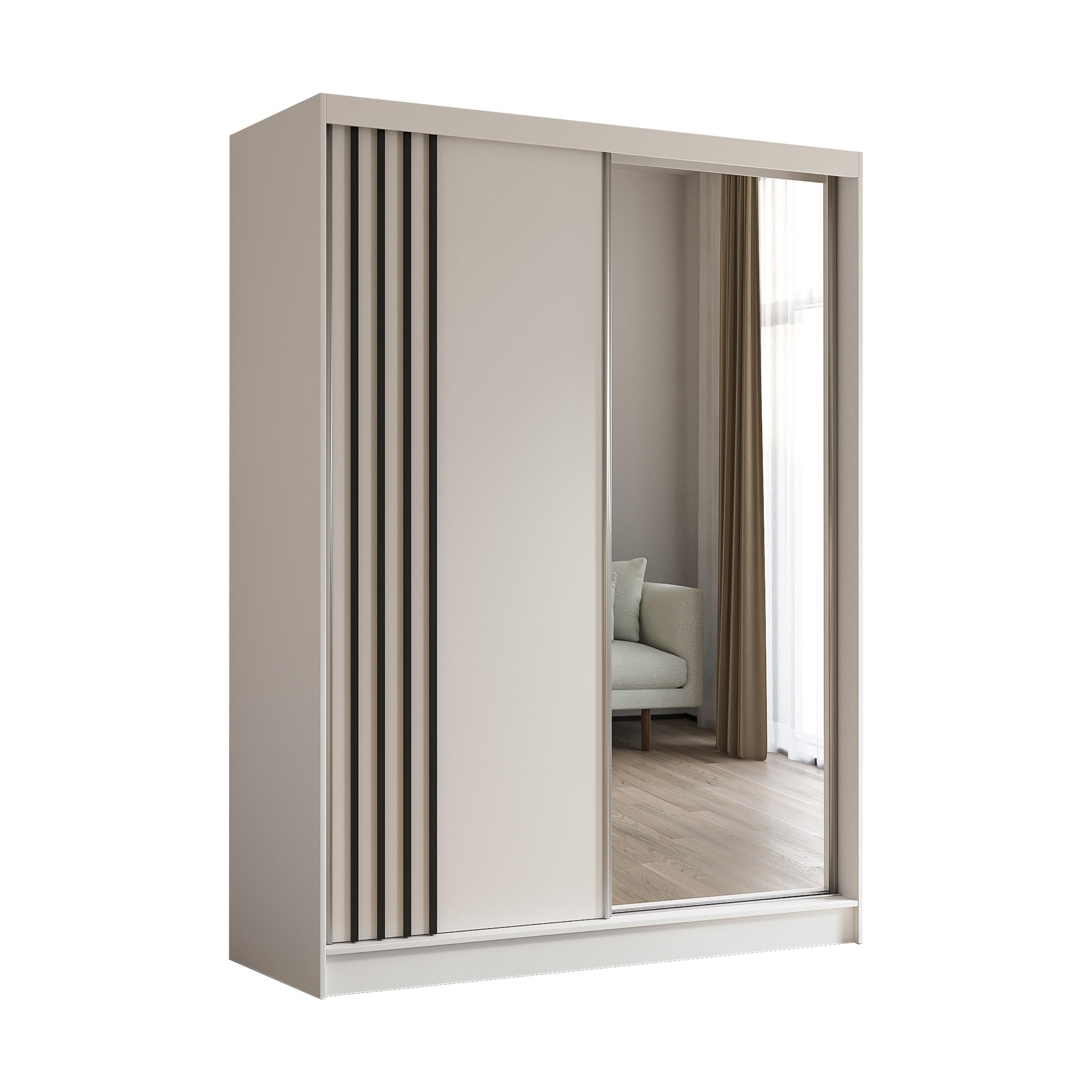 SCHWEBETÜRENSCHRANK Neli 160 cm mit Lamellen und Spiegel 2-türig, weiß, weiß, Lamelle schwarz - Schwarz/Weiß, Kunststoff (160/216/61cm) - Margaret Hadas24
