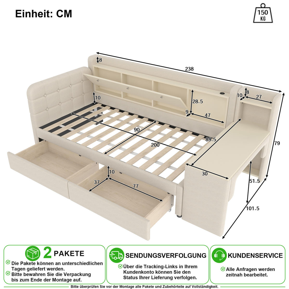 SCHLAFSOFA 90/200 cm in Beige Leinen mit 2 Schubladen, Schreibtisch, USB und Type-C - Beige, Holzwerkstoff/Textil (90/200cm) - CHICFURN