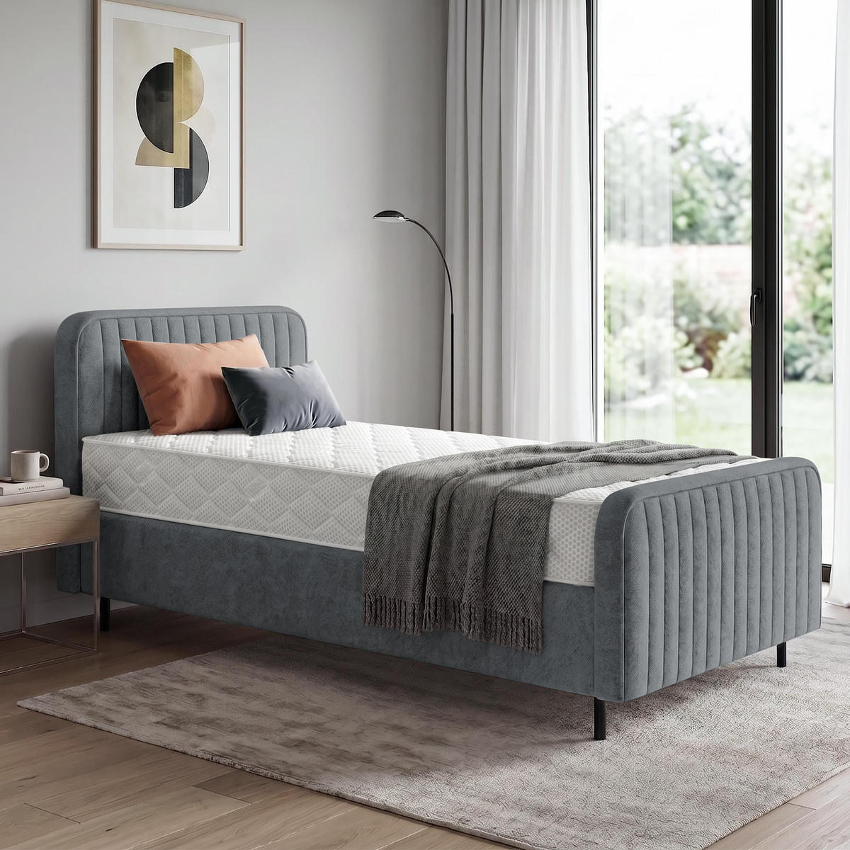 POLSTERBETT Lami 90x200, Einzelbett mit Bettkasten und Taschenfedernmatratze 20 cm, Dunkelgrau - Dunkelgrau/Schwarz, Textil/Metall (90/200cm) - Beautysofa