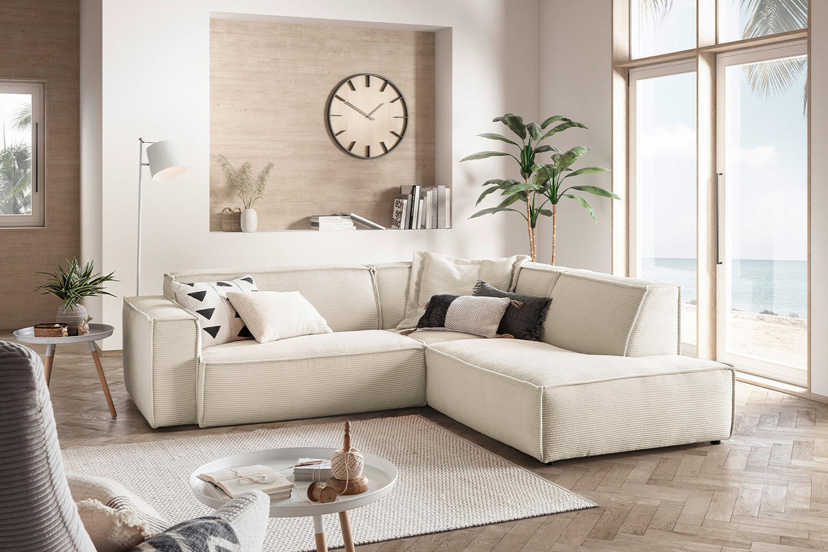 ECKSOFA SAMU Cremeweiß Cord - Creme/Schwarz, Textil (254/224cm) - KAWOLA