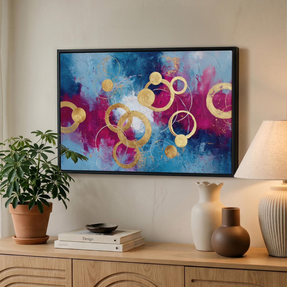 LEINWAND Bilder mit Rahmen - Kreise - Gold - Abstrakt - 60x40 - Blau, Textil (60/40cm) - MuchoWow