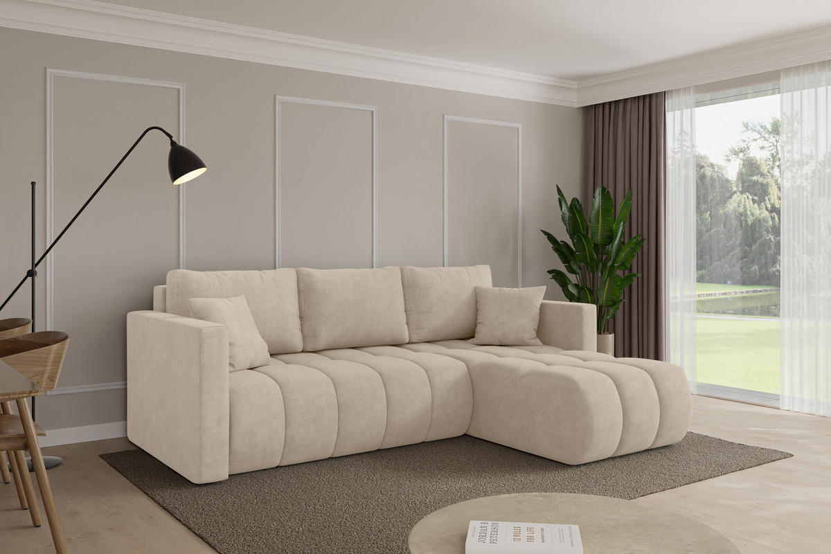 ROHOVÁ SEDAČKA s funkcí spaní, otoman vpravo GARD-L 226x146x85 béžová velur - černá/Sahara, kompozitní dřevo/textil (226/146cm) - ALTDECOR