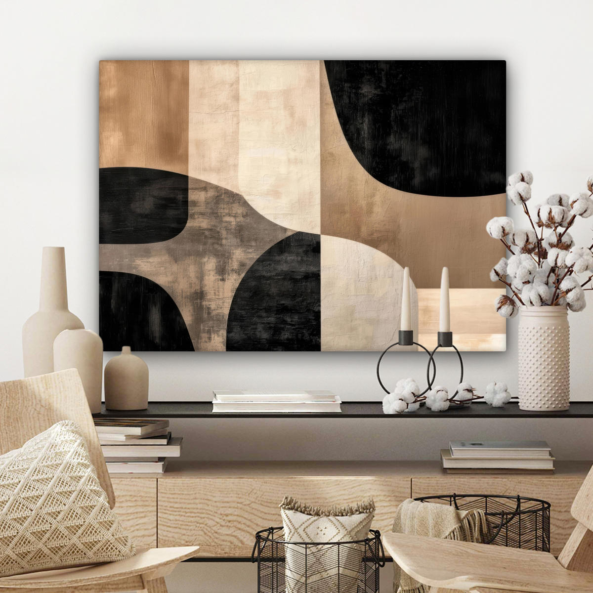 LEINWANDBILD Abstrakt - Flugzeuge - Schwarz - Rund Wandbilder 80x60 cm - Beige, Textil (80/60cm) - MuchoWow