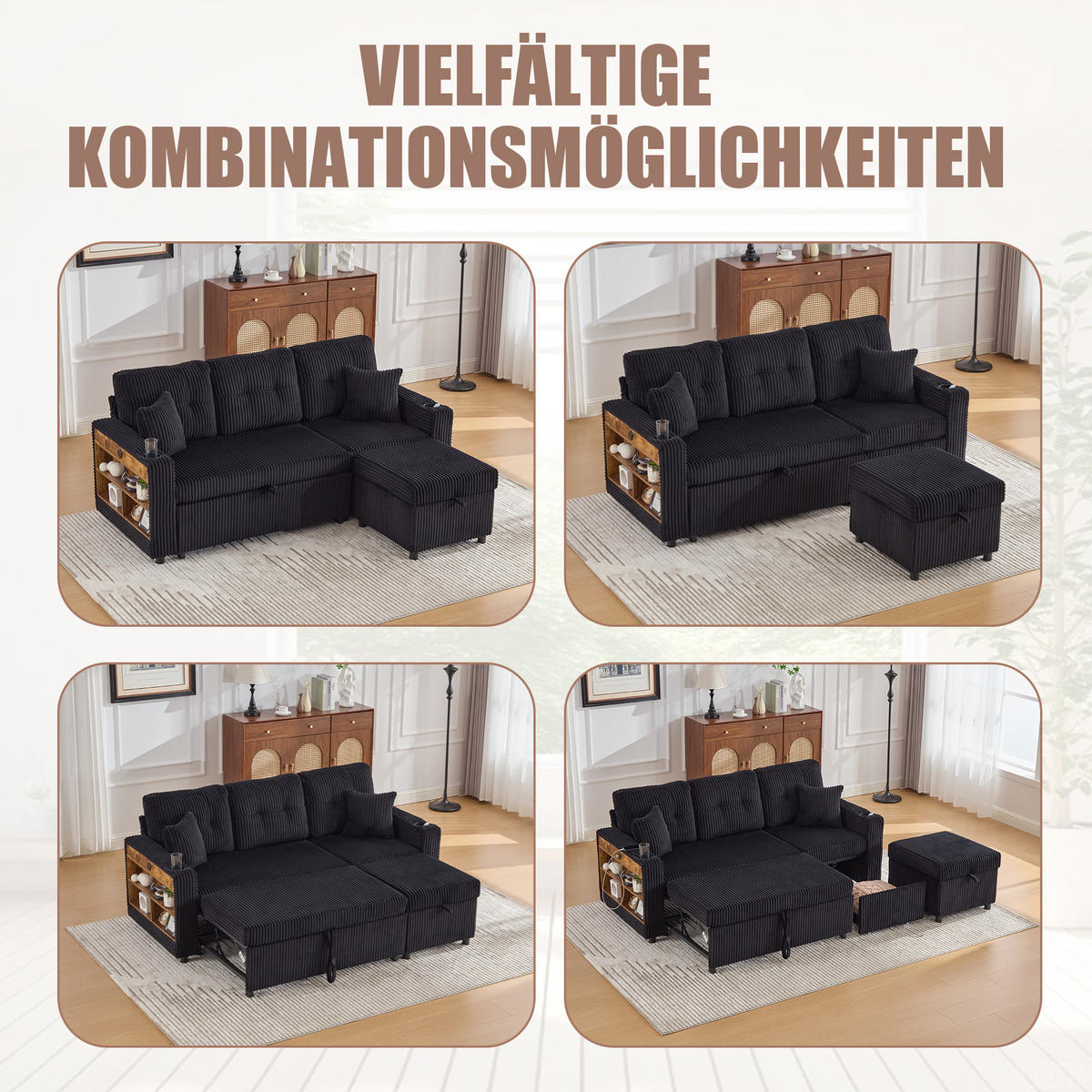 ECKSCHLAFSOFA 196/144/85 cm Schwarz mit Stauraum, USB-C, Ambientebeleuchtung und Getränkehaltern - Schwarz, Textil (196/82cm) - Oxeza