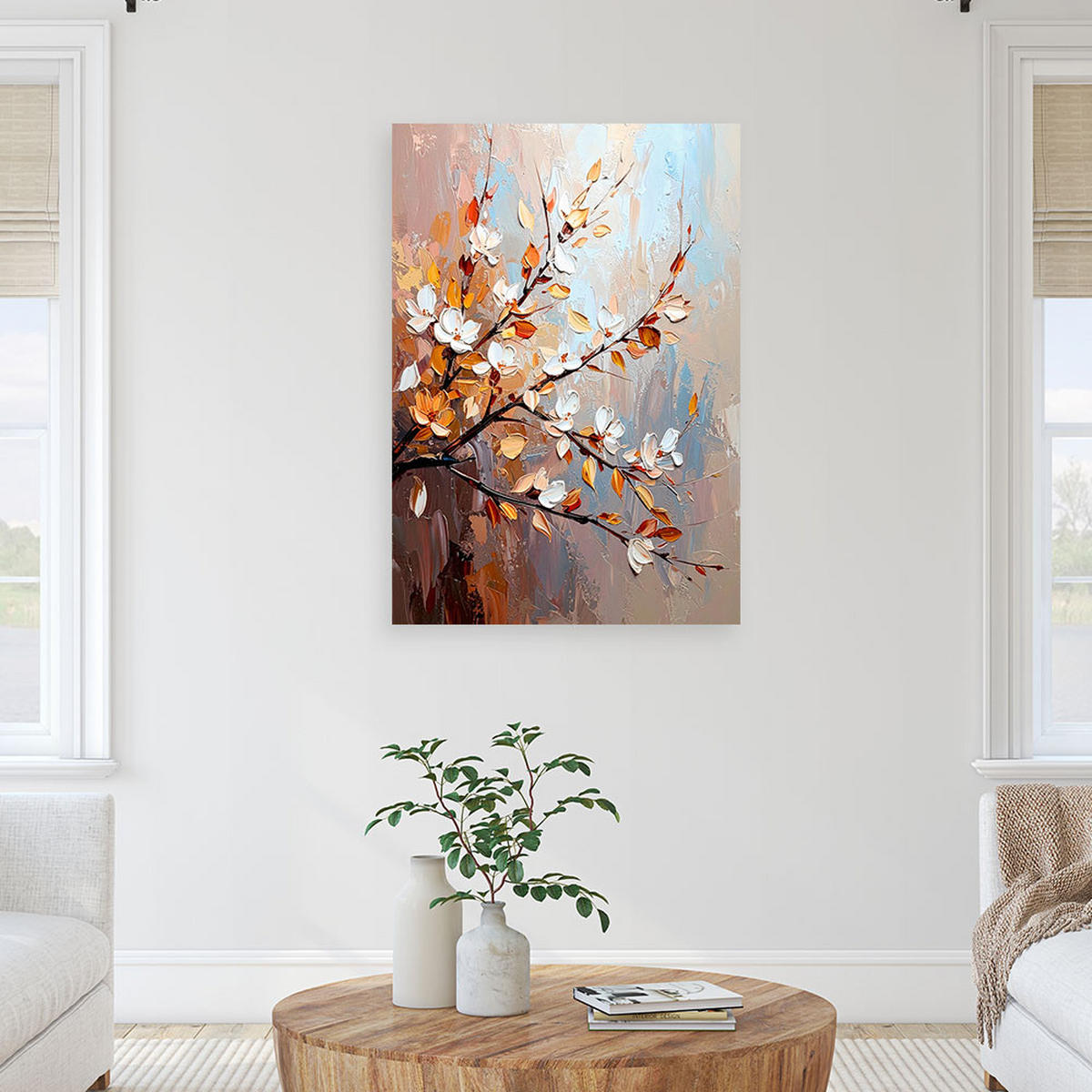 LEINWANDBILD Zarte Blätter Blumen auf Zweigen 80x120cm - Beige, Textil (80/120cm) - Feeby