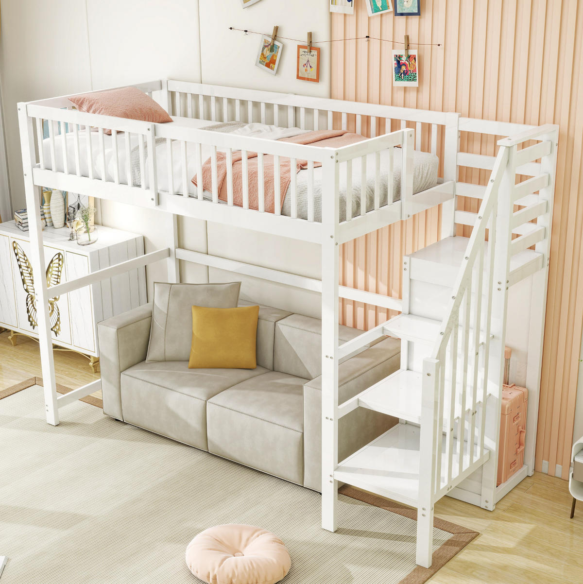 HOCHBETT 90/200 cm mit Treppe, Kleiderschrank und Stauraum, Weiß - Weiß, Holzwerkstoff (90/200cm) - Redom