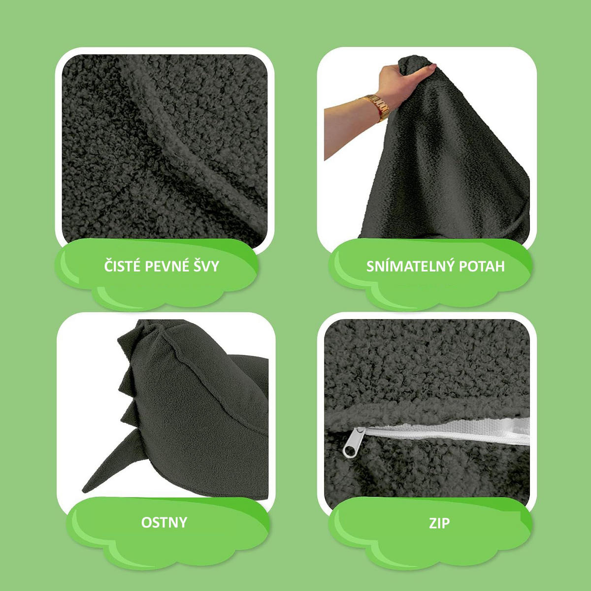 SITZSACK FÜR KINDER Dino 75/75/55 cm, weicher Bouclé 315 g/m², abnehmbarer Bezug, Forest Whisper - Dunkelgrün, Textil (75/55/75cm) - Dreamroots