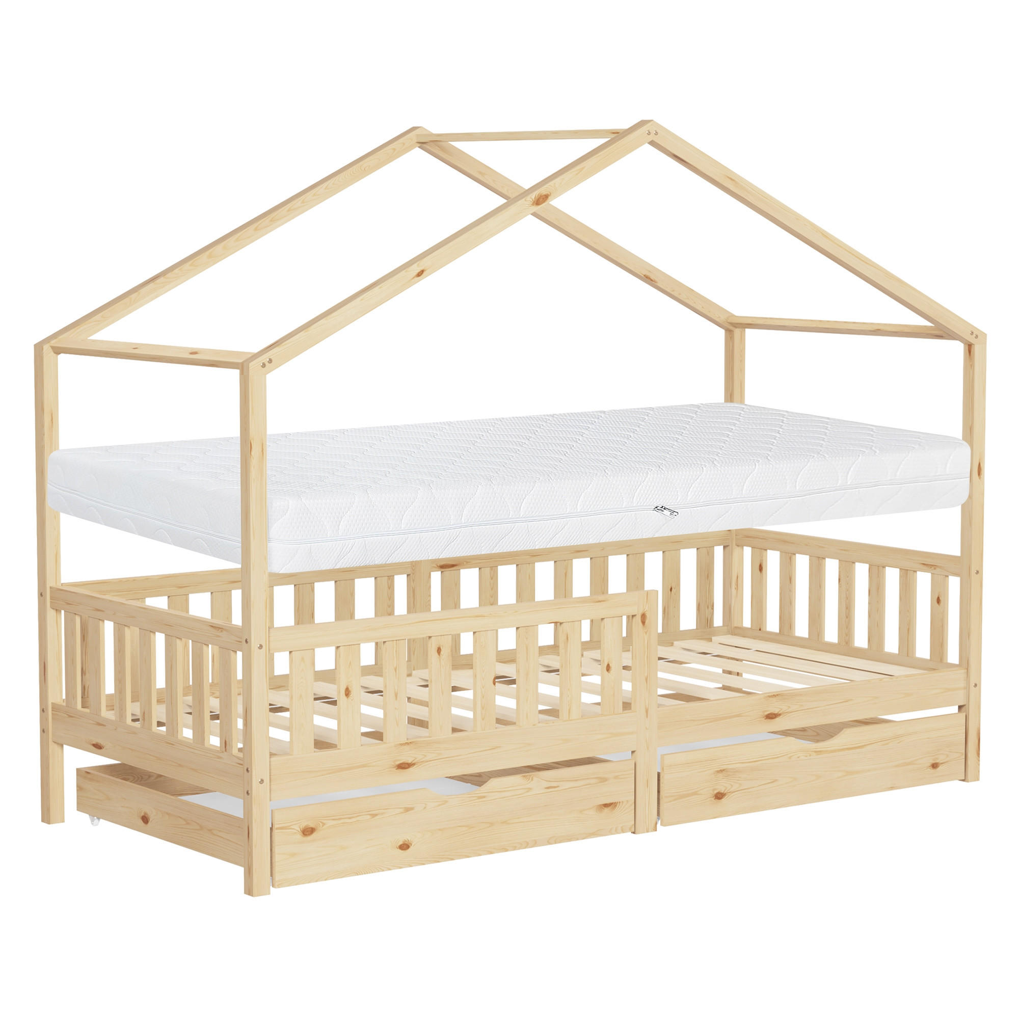 HAUSBETT mit Matratze 90x200 cm und 2 Schubladen Natur aus Kiefernholz - Beige, Holz (90/200cm) - ML-DESIGN