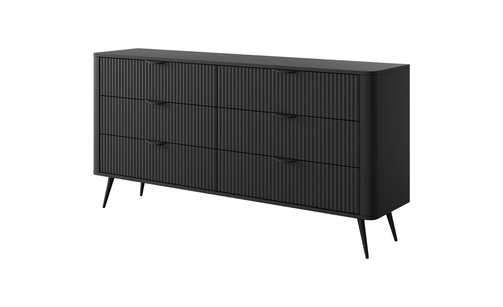 KOMMODE Lante, Schwarz, Breit, Sechs Schubladen, Geriffelte Fronten - Schwarz, Holzwerkstoff (163/81/38cm) - Bettso