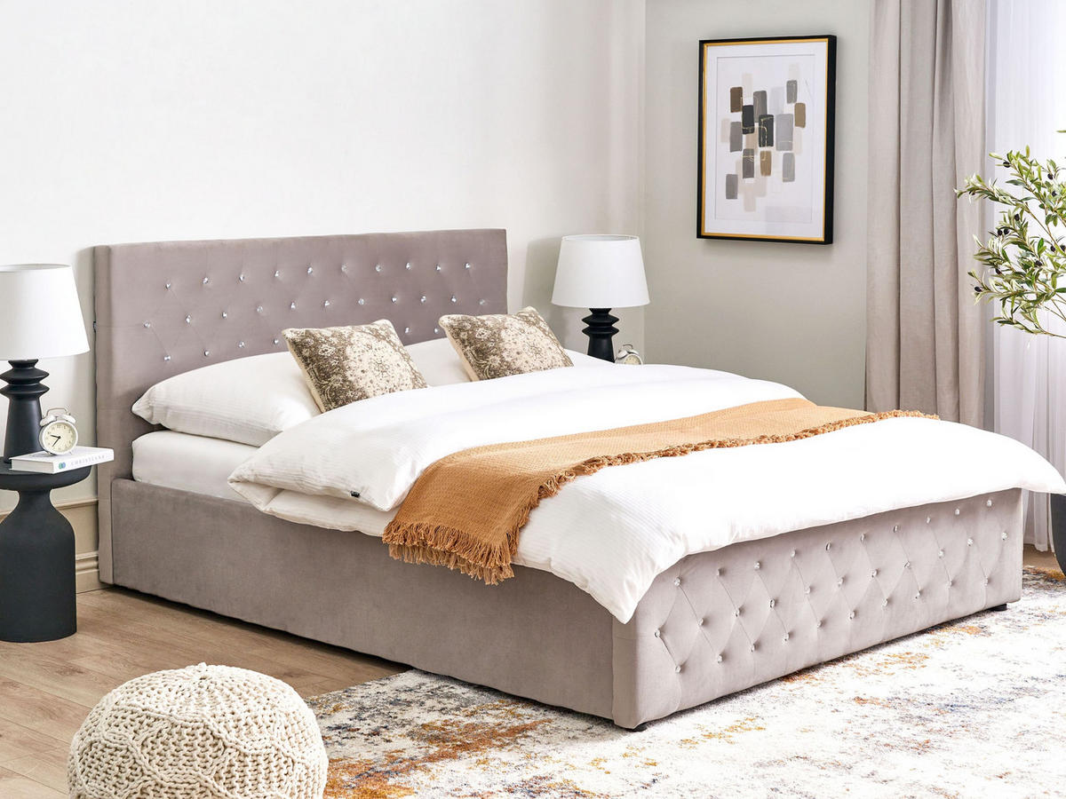 BETT mit Stauraum 180/200 cm Samtstoff Taupe Amiens - Taupe, Textil (180/200cm) - Beliani