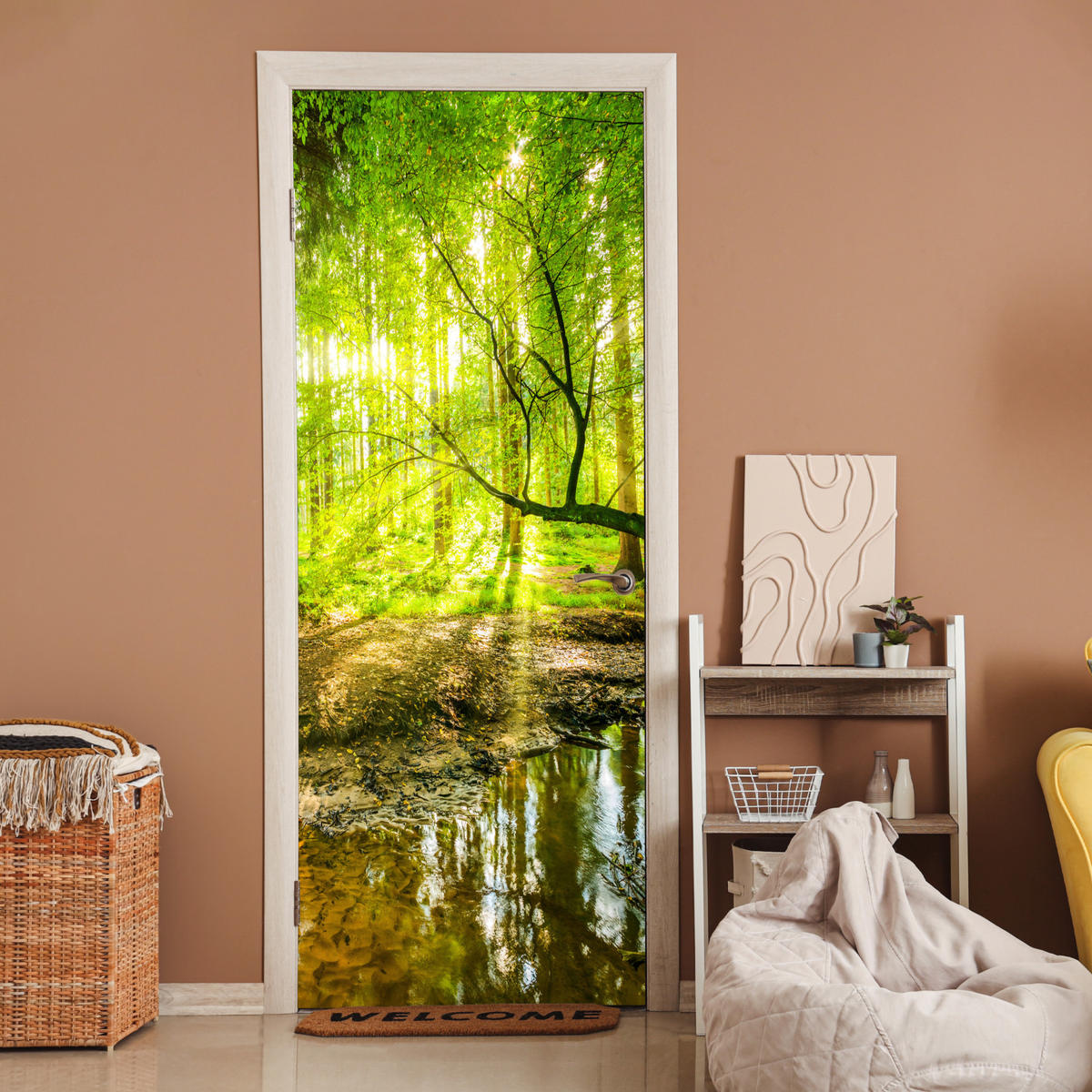 TÜRAUFKLEBER Wald - Landschaft - Wasser - Bäume - Sonne - Grün - Natur Deko Wohnzimmer 95x235 cm - Türtapete - Hellgrün, Kunststoff (95/0.1cm) - MuchoWow
