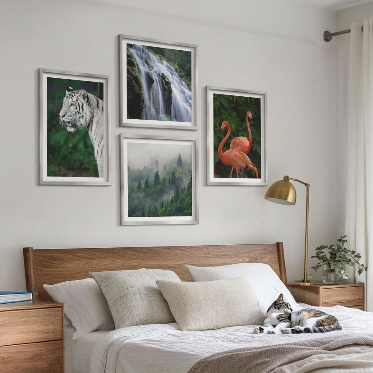 WANDBILDER 4er Set - 50x50 cm & 40x60 cm Silberner Rahmen - Tiger Wasserfall Flamingos Natur - Silberfarben, Kunststoff (50/50cm) - ArtPrintCave