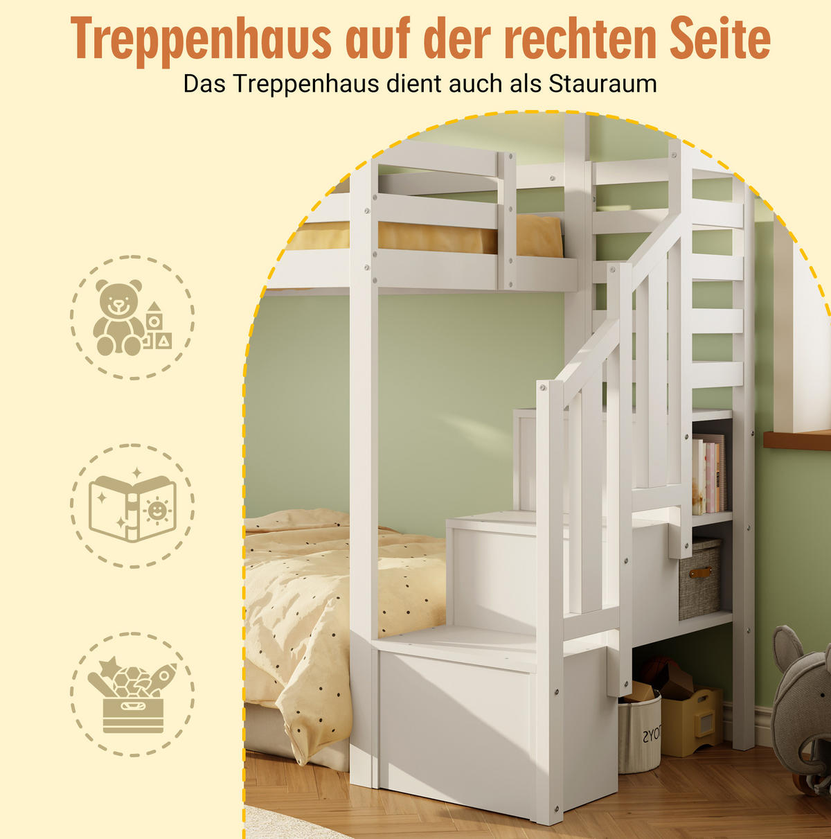 ETAGENBETT 90x200 cm mit Stauraumtreppe und Fenster Weiß - Weiß, Holzwerkstoff (90/200cm) - Beauniv