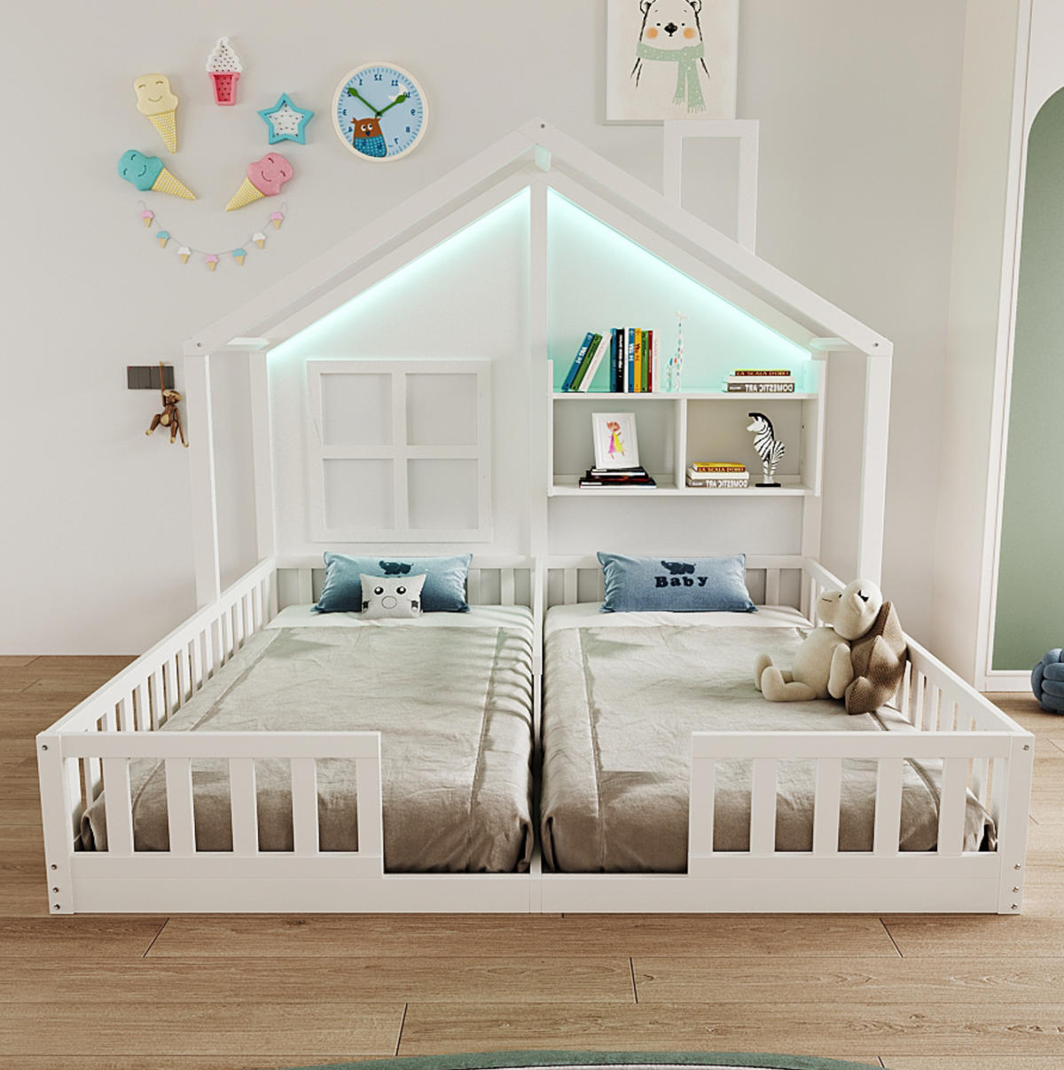 HAUSBETT 90/200 cm weiß aus Massivholz mit LED und Stauraum - Weiß, Holz (90/200cm) - OKWISH