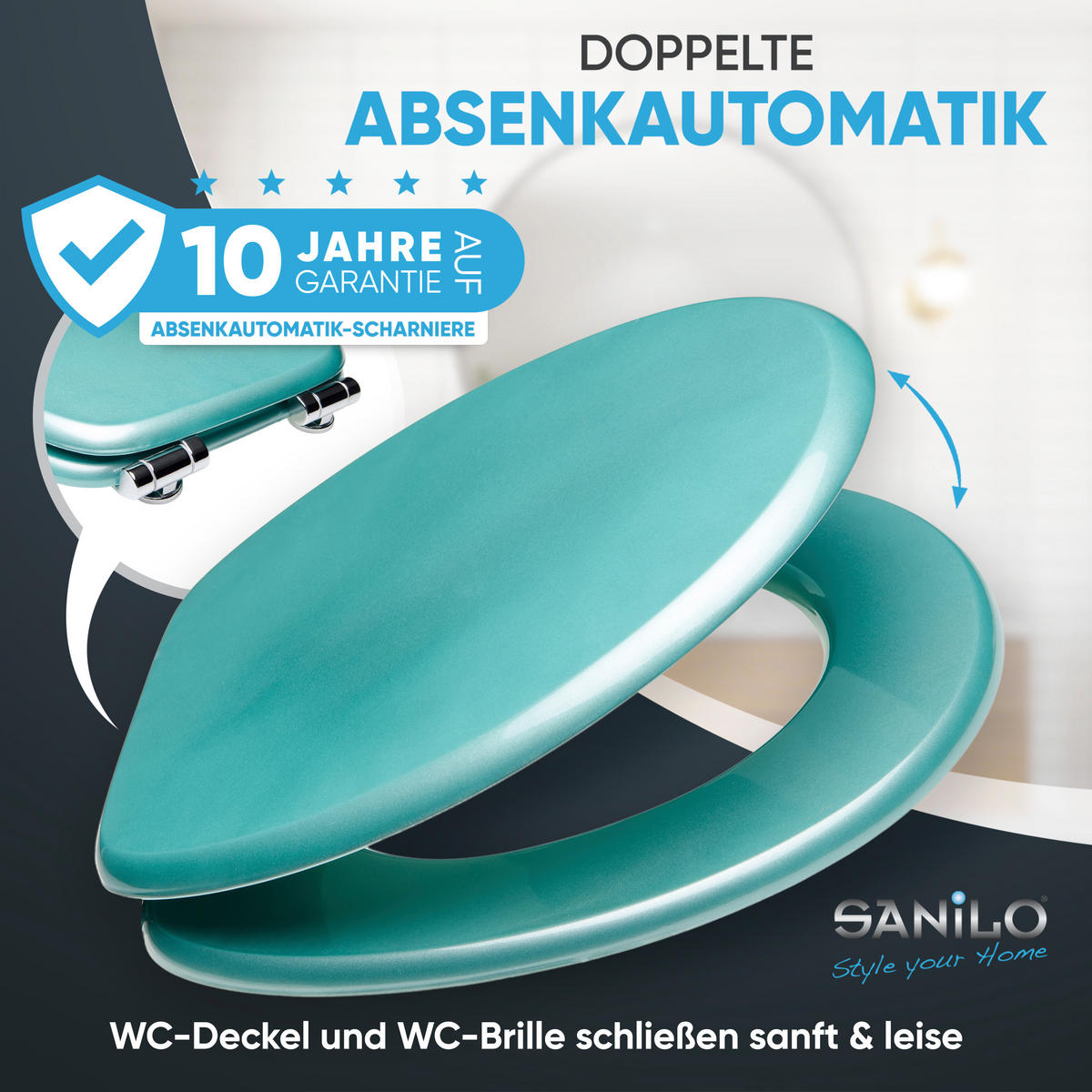 WC-SITZ Absenkautomatik Glitzer Türkis - Türkis, Holzwerkstoff (38/6/47cm) - Sanilo
