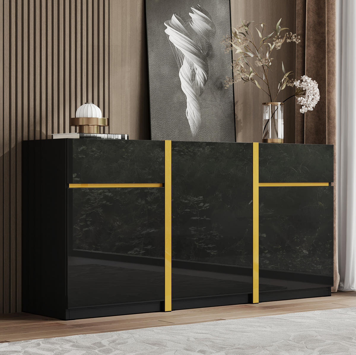 SIDEBOARD 160/40/78 cm aus MDF und Holzwerkstoff mit Hochglanzfront und goldfarbenen Details Schwarz - Schwarz, Holzwerkstoff (160/78/40cm) - Modenvie