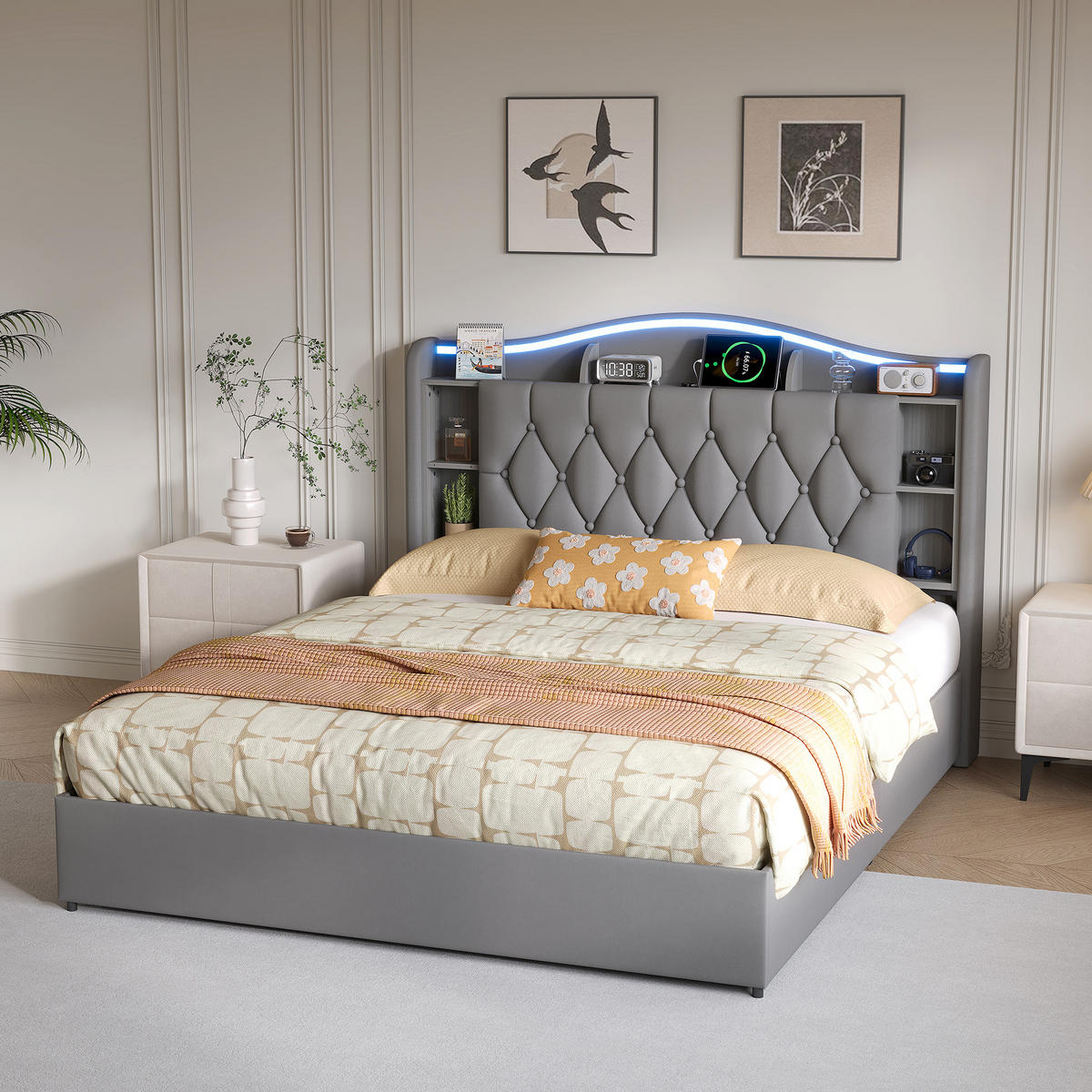 POLSTERBETT 140x200cm grau Samt, Bettkasten mit Gas, LED, USB - Grau, Holz
