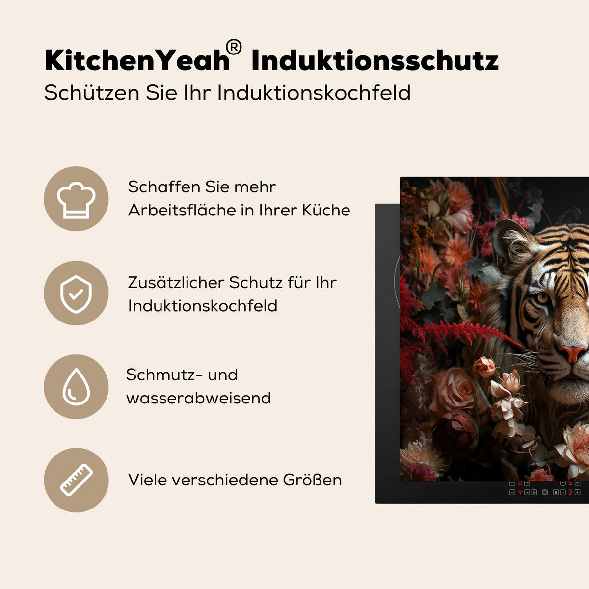 HERDABDECKPLATTE Tiger - Tier - Natur - Floral - Botanisch 58x51 cm - Orange, Kunststoff (58.3/51.3/0.2cm) - MuchoWow