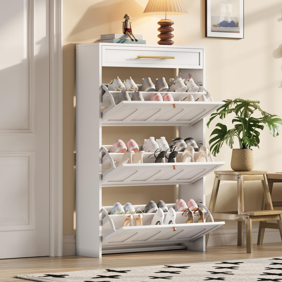 SCHUHSCHRANK aus MDF 70x25x123,5cm in Weiß mit 6 Fächern & Schublade - Weiß, Holzwerkstoff (70/123.5/25cm) - Modfu