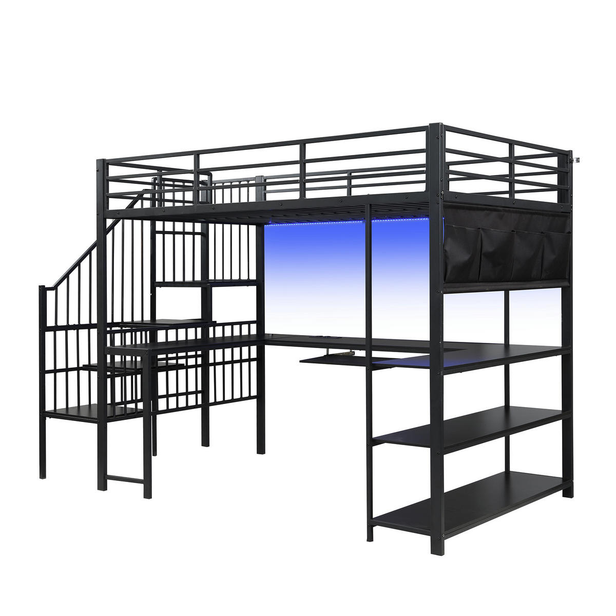 HOCHBETT 120/200 cm mit Schreibtisch und LED, DE-41757, in Schwarz - Schwarz, Metall (120/200cm) - ComfortXL