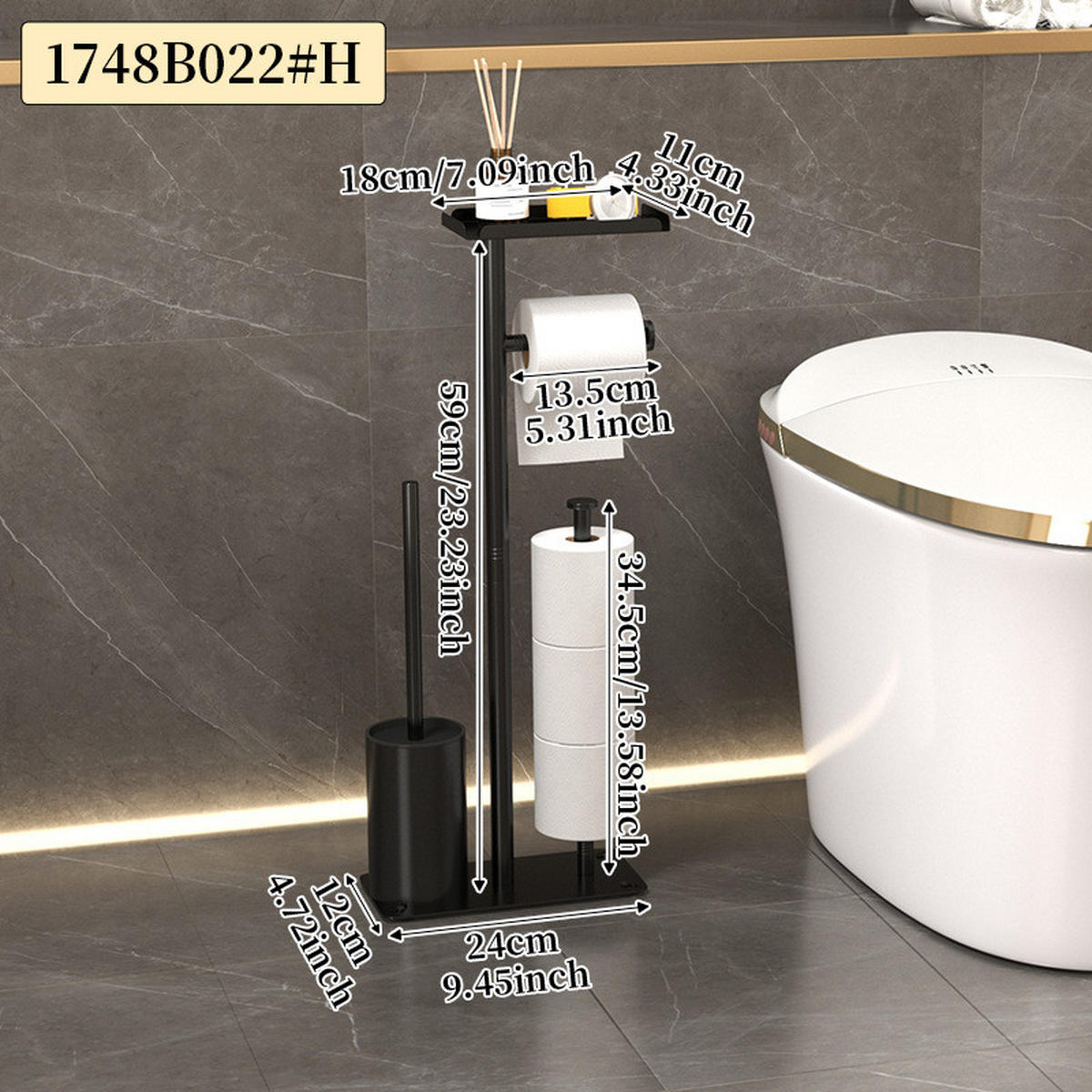 TOILETTENBÜRSTENHALTER – 2-in-1 (Schwarz) 24 x 12 x 60 cm - Weiß, Metall (12/60/24cm)