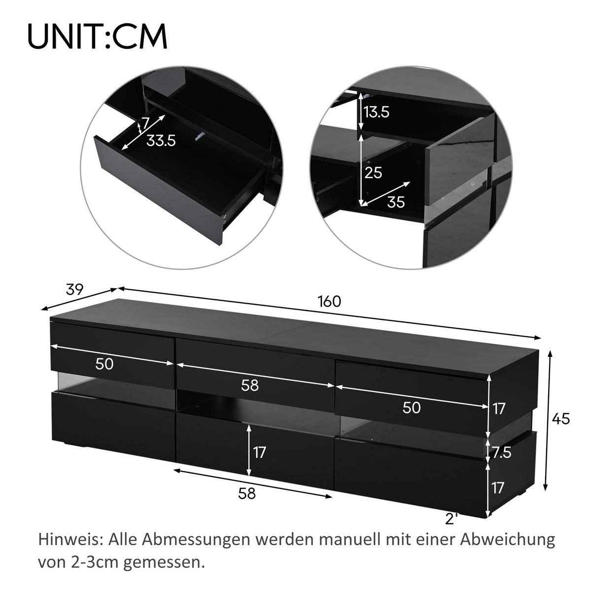 TV-ELEMENT mit LED-Beleuchtung 160 x 39 x 45 cm Schwarz - Schwarz, Holzwerkstoff (39/45/160cm) - Beauniv