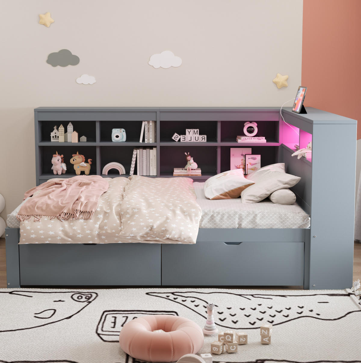 DRVENI krevet od borovine 90x200 cm sivi s USB priključkom, LED rasvjetom i spremištem - siva, drvni materijal (90/200cm) - Modfu