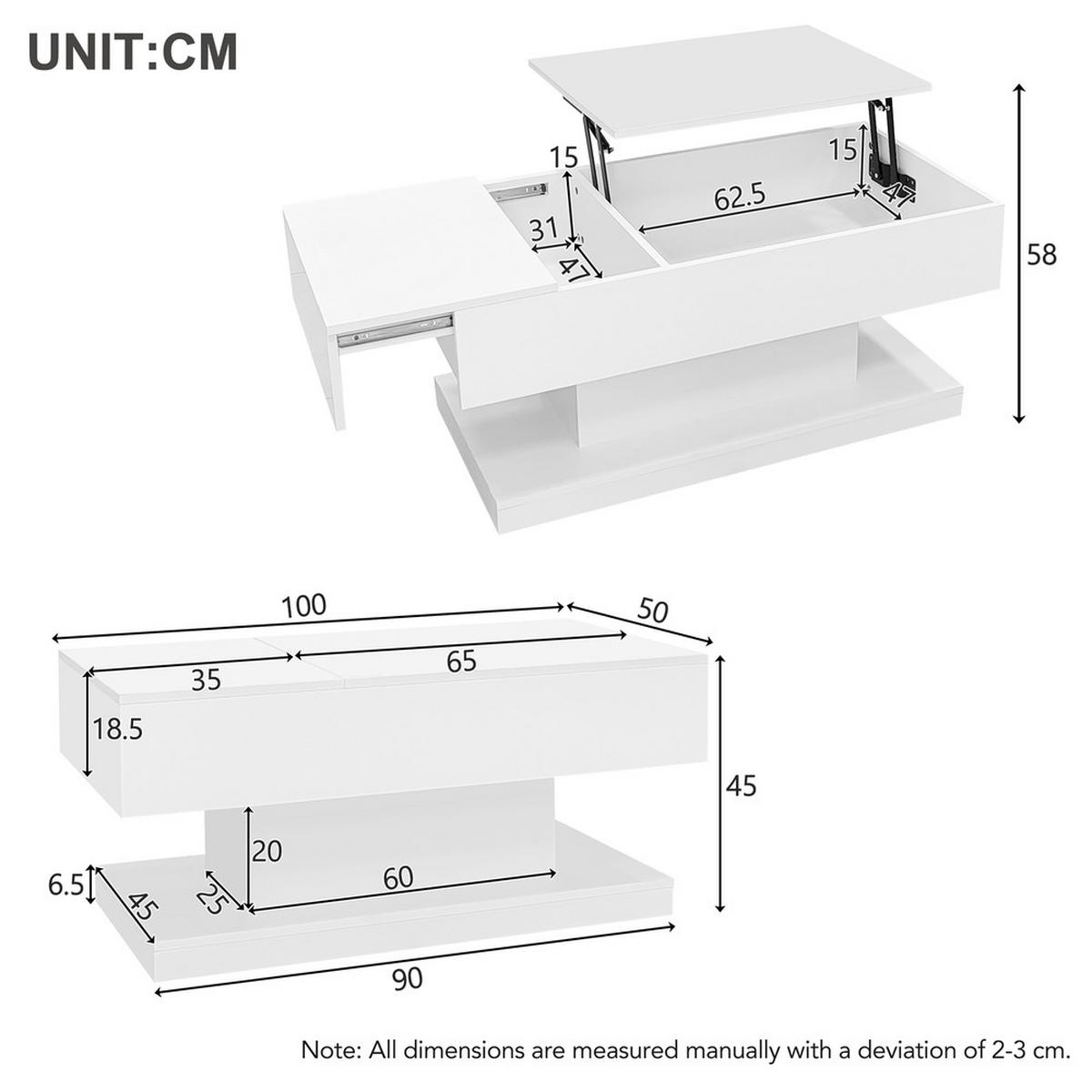 COUCHTISCH 100x50cm Weiß Hochglanz LED Hydraulik Lift Verschiebbar - Weiß, Holz (109.75/59.66/14.5cm) - FLIEKS