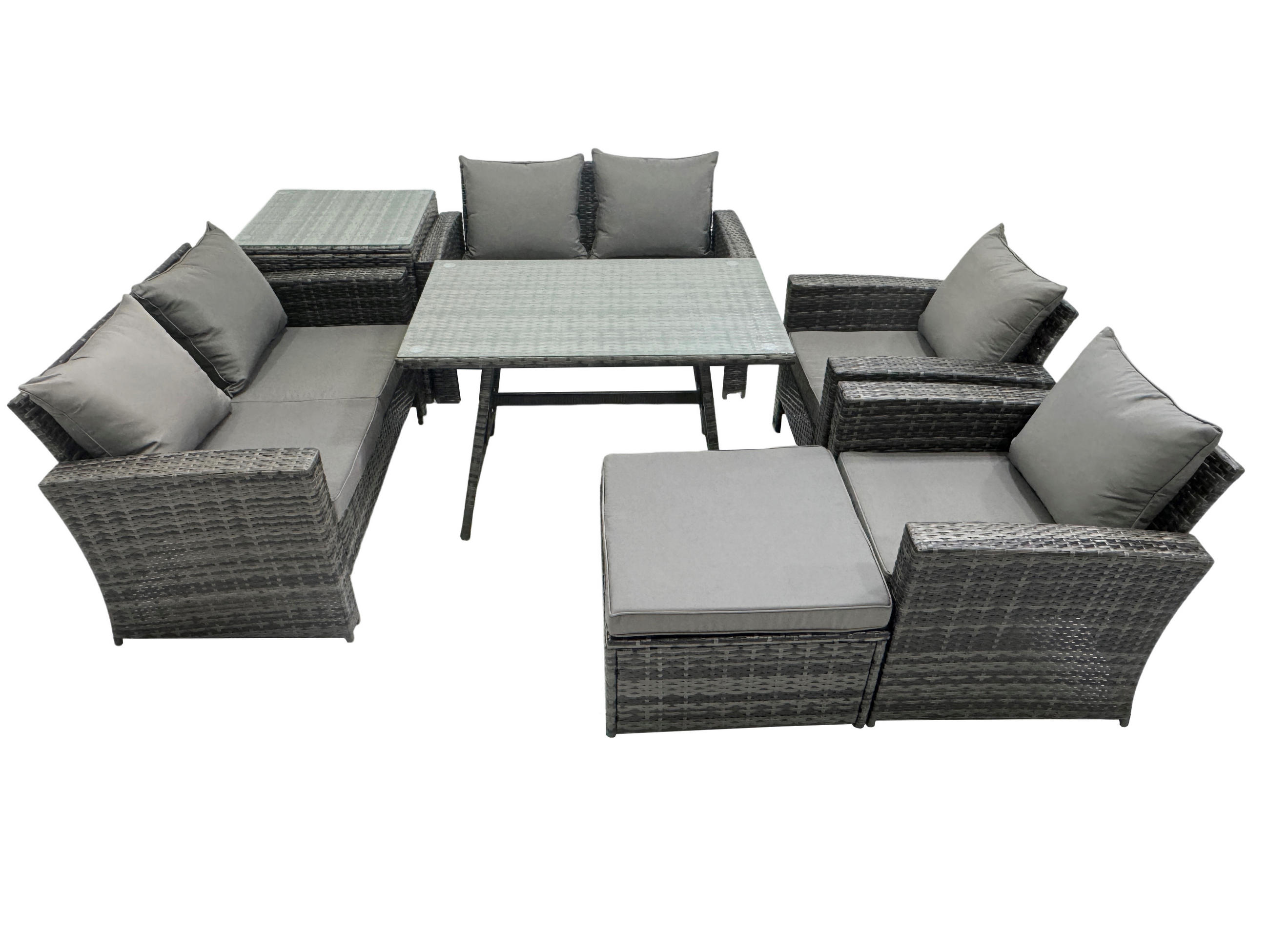 GARTENMÖBELSET mit ESSTISCH,HOCHLEHNER-SOFA Polyrattan Dunkelgrauer Mix 7-Sitzer - Dunkelgrau/Grau, Glas/Kunststoff - Fimous