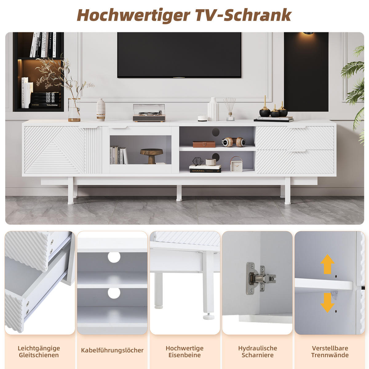 TV-SCHRANK 200/40/50,5 cm Weiß mit 2 Türen und 2 Schubladen für 80 Zoll - Weiß, Holzwerkstoff (200/50.5/40cm) - Oxeza