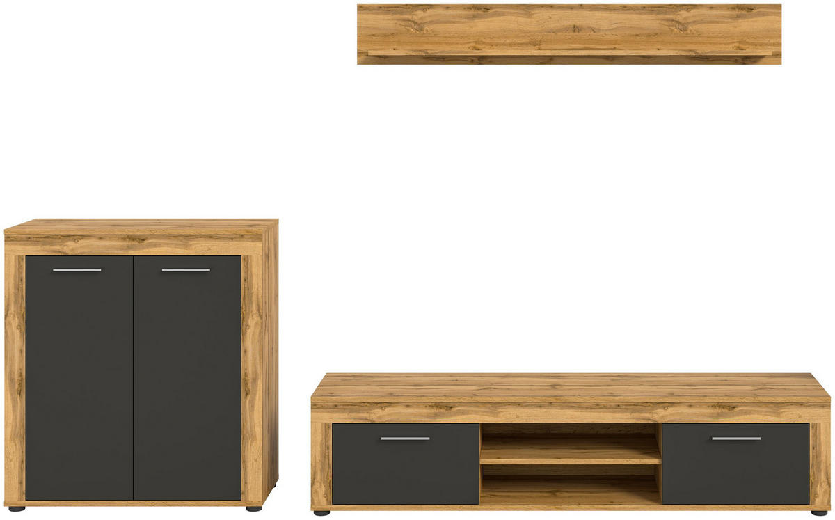 WOHNWAND Milo 3 tlg. (B/H/T: ca. 255/159/40 cm) in Wotan Eiche /grau - Eiche Wotan, Holzwerkstoff (255/159/40cm)