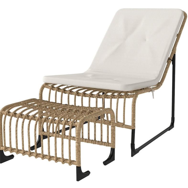 GARTENSESSEL-SET 65/93/80 cm mit Fußhocker, Kissen und UV-beständigem Rattan, Cremeweiß - Beige, Metall (65/80/96cm) - Redom