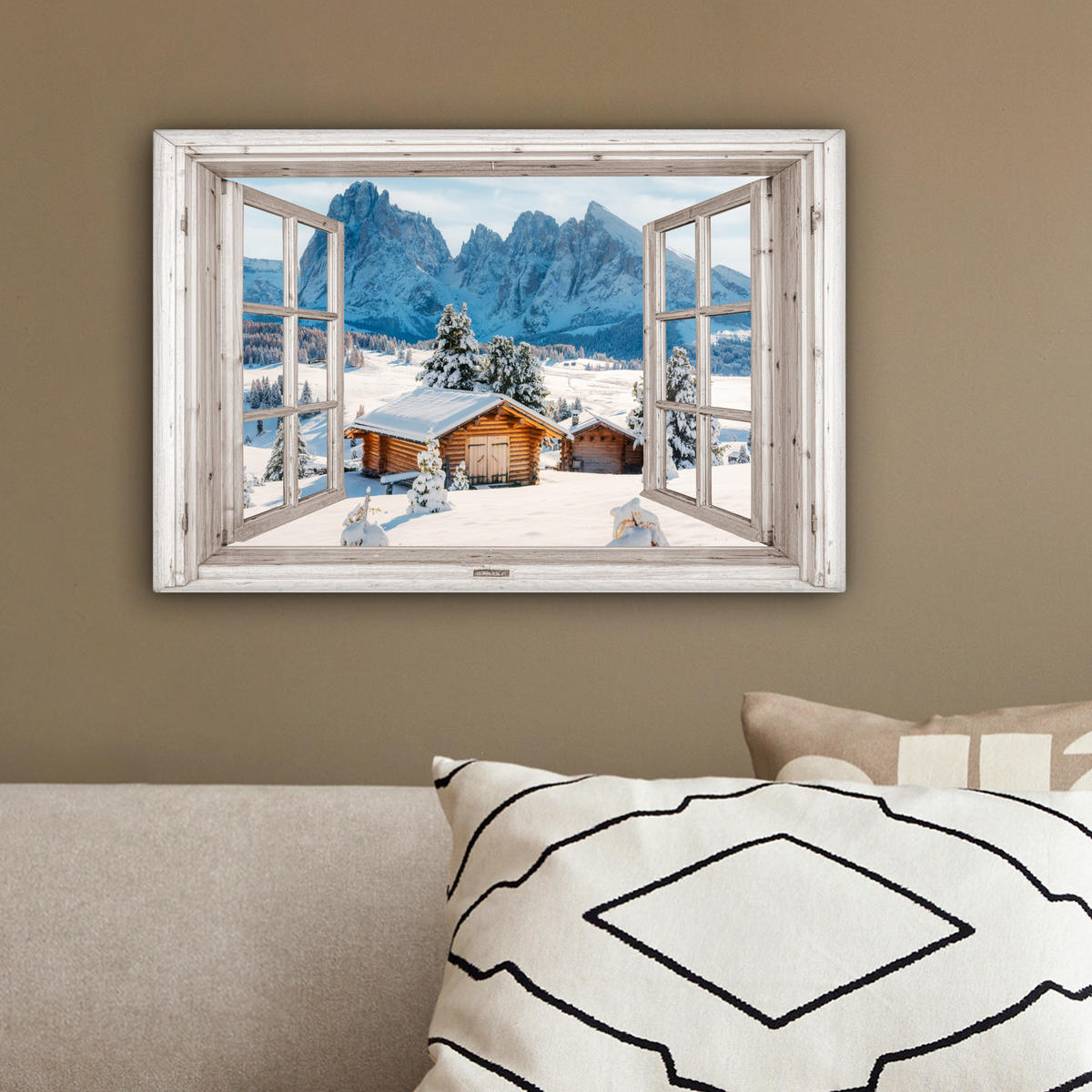 LEINWANDBILD Winterlandschaft - Hütte - Berge - Ausblicke - Aussicht - Natur 30x20 cm - Weiß Hochglanz, Textil (30/20cm) - MuchoWow
