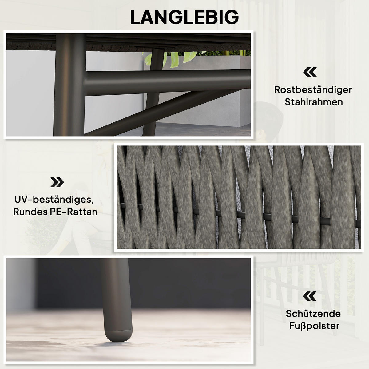 RATTAN-BISTROSET 3er Set Stahl PE-Rattan Grau - Grau, Textil/Metall - Outsunny