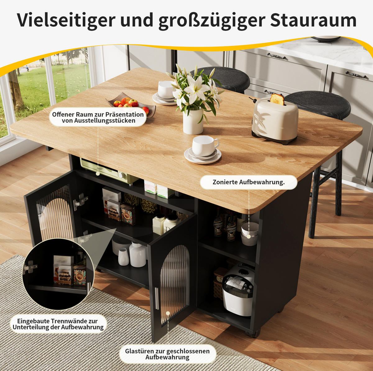 KÜCHENINSEL 120/79,5/30 cm Schwarz/Natur aus MDF und Glas mit klappbarer Tischplatte - Schwarz, Holzwerkstoff (30/79.5/120cm) - OKMYHOME