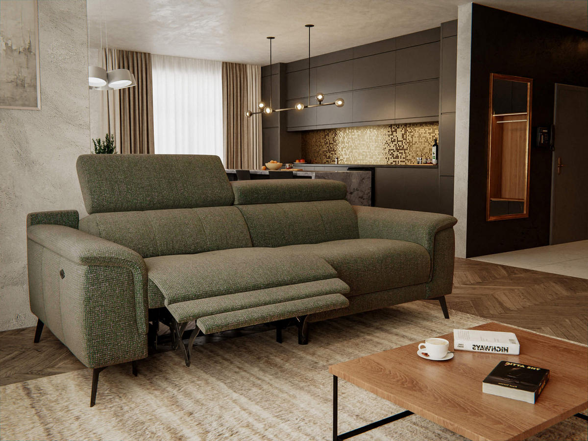 RELAXSOFA FIERO 3-Sitzer mit 1 Relaxfunktion, olivgrün - Schwarz/Olivgrün, Holzwerkstoff/Textil (212/82/103cm) - Courtois Laville