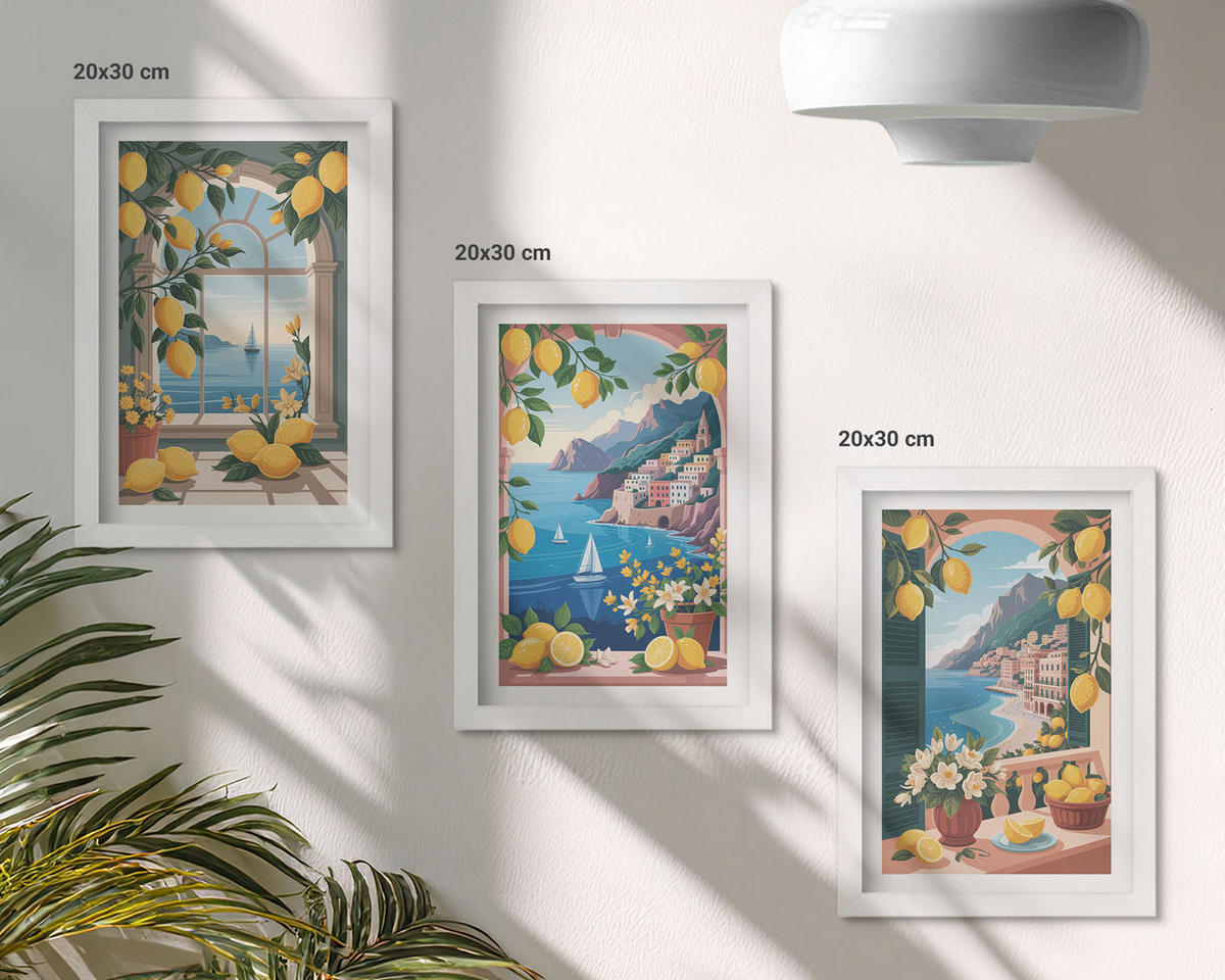 BILDER SET 3er Set - 20x30 cm Weißer Rahmen - Meerblick, italienische Zitronen - Weiß, Kunststoff (20/30cm) - TULUP