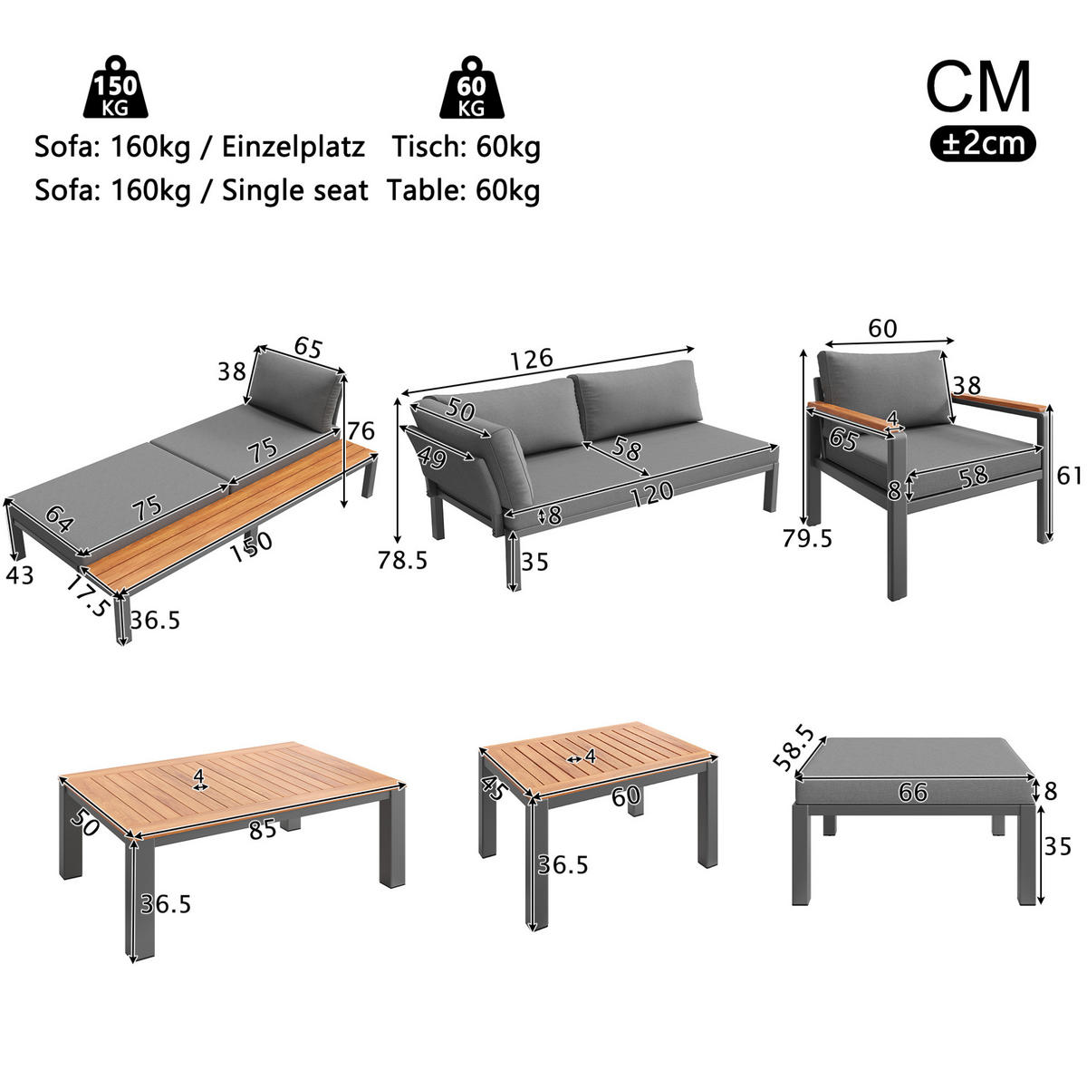 GARTENLOUNGE-SET 150/81,5/76 cm modular mit Akazienholz-Tischen und atmungsaktiven Kissen, Grau - Grau, Metall - Redom