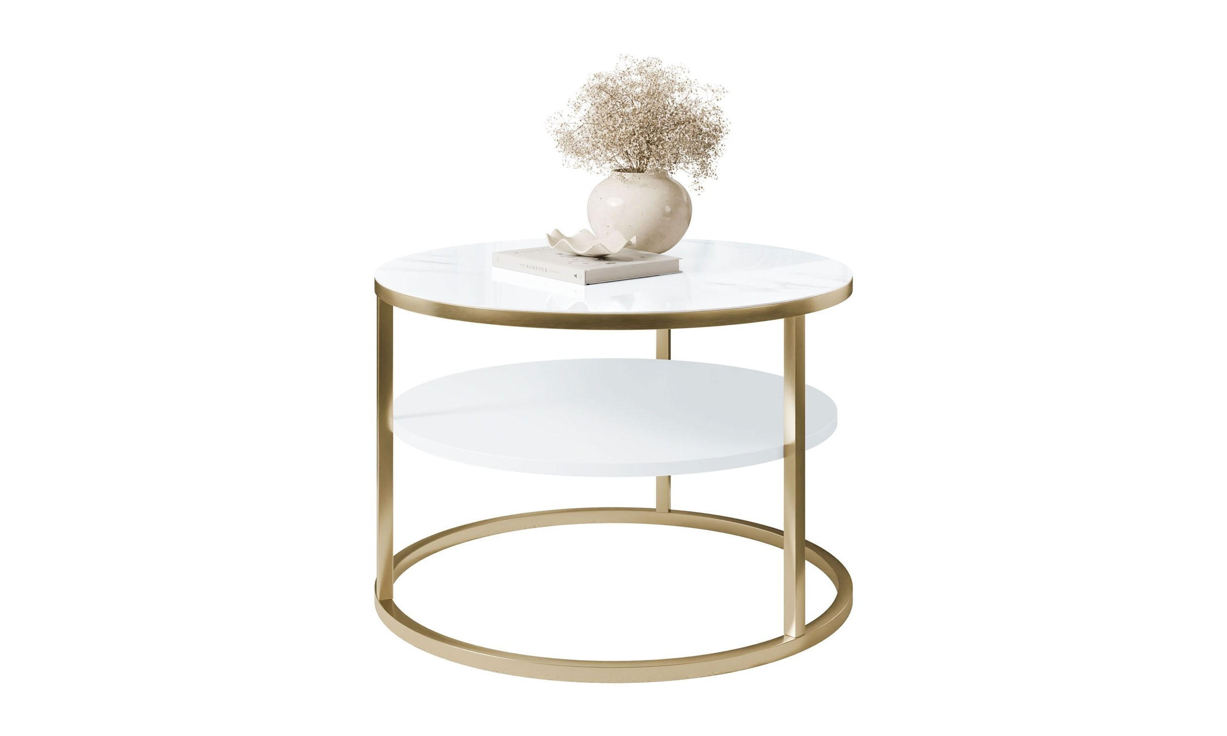 COUCHTISCH CIRI SLIM QUARZKOMPOSIT Ø60/40 cm gebürstetes Gold / Marmor - Goldfarben/Weiß, Holzwerkstoff/Stein (60/60/40cm) - Lookway
