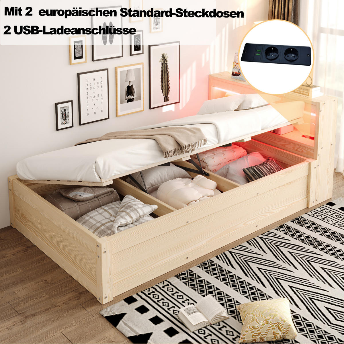 SCHLAFSOFA 90x200cm LED Stauraum Steckdose Massivholz - Naturfarben, Holzwerkstoff (90/200cm) - FLIEKS