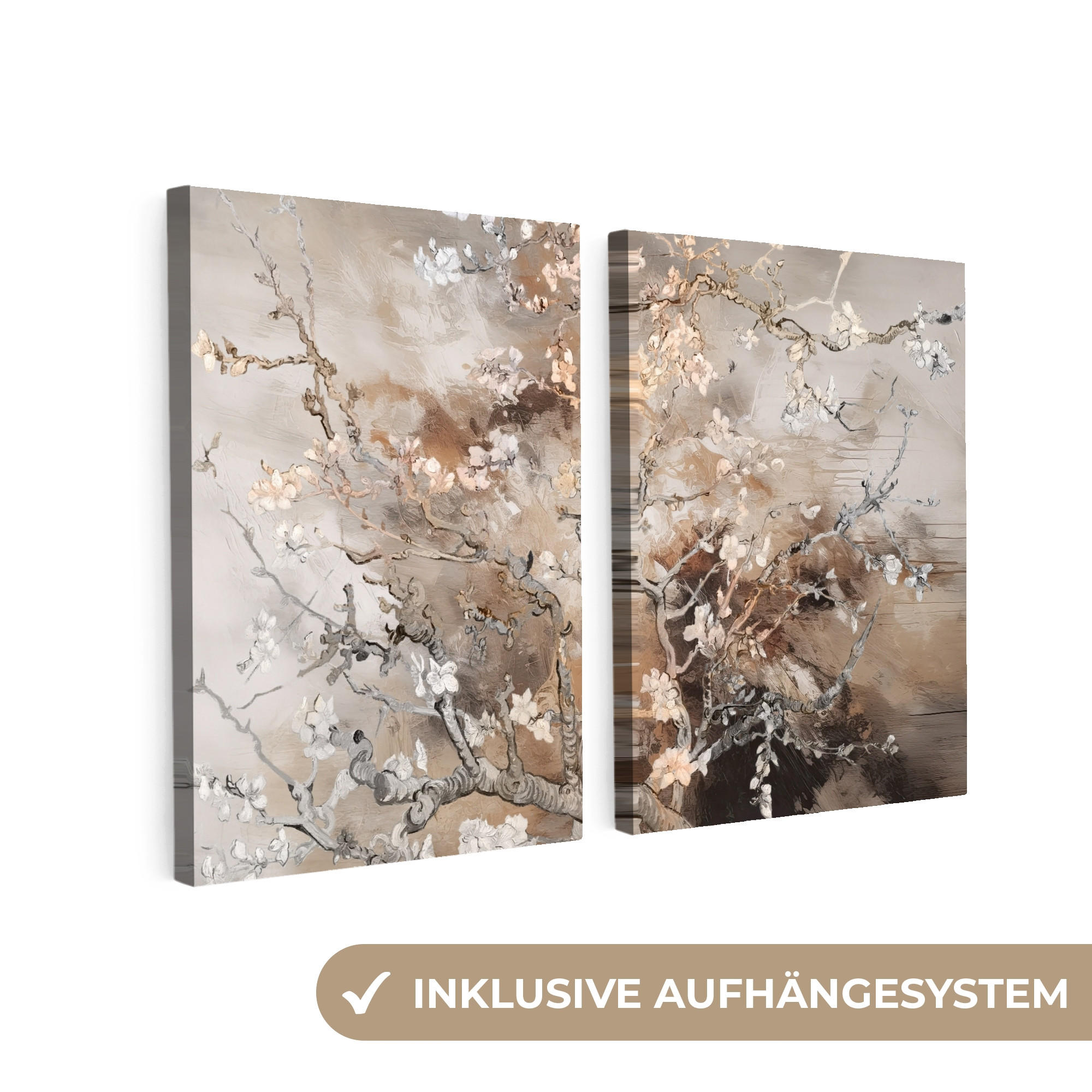 OBRAZ NA PLÁTNĚ 2dílná sada Mandlový květ - abstraktní - béžový 100x70 cm - béžová, textil (100/70cm) - MuchoWow